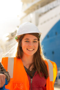 Layla Creac'h wearing a hardhat and high-visiblity vest